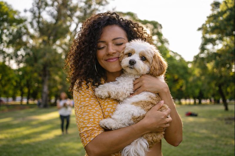 A woman hugging a small dog in the park