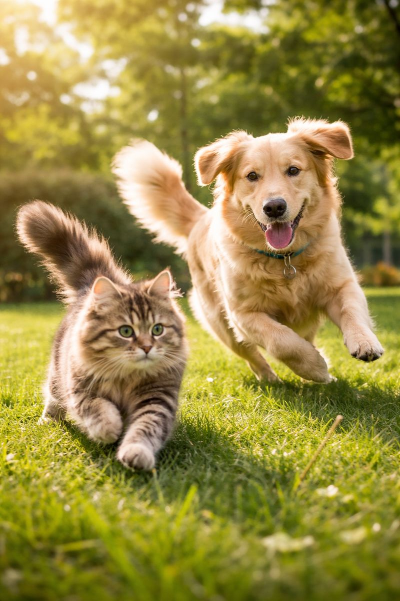 A dog and cat running together outside